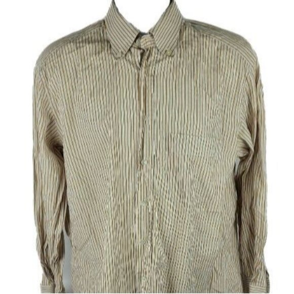 Van Laack Royal Button Front Shirt Mens Size Large Tan Striped Long Sleeve - Picture 1 of 7